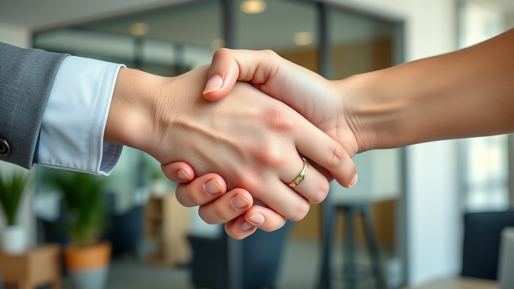 close-up of handshake between home seller and buyer, confident and positive expressions, modern office background, highly detailed hands