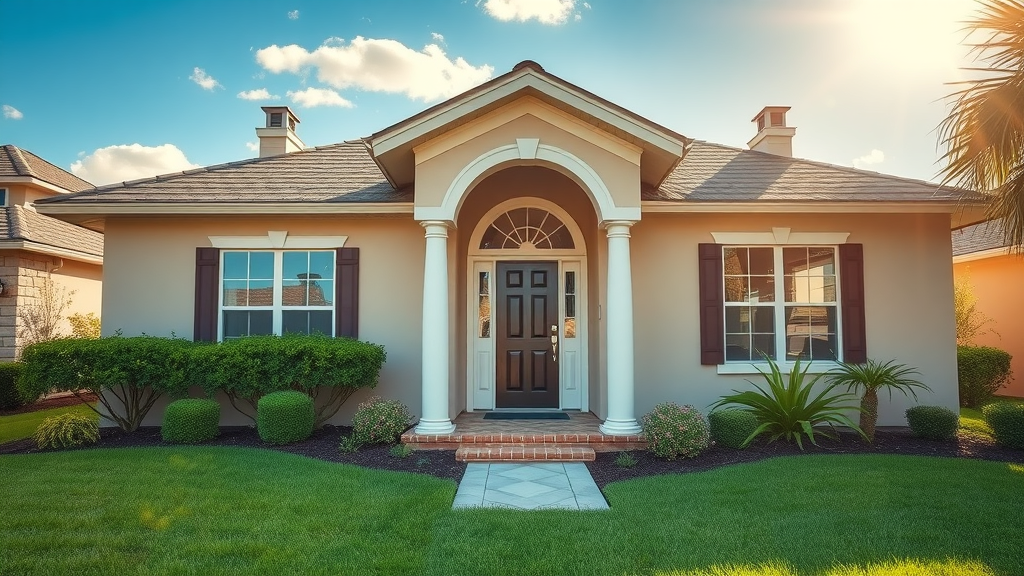 Inviting Orlando suburban home showcasing attractive curb appeal and sunlit, welcoming atmosphere—perfect for homeowners seeking a fast property sale Orlando. Warm lighting, lush green yard.