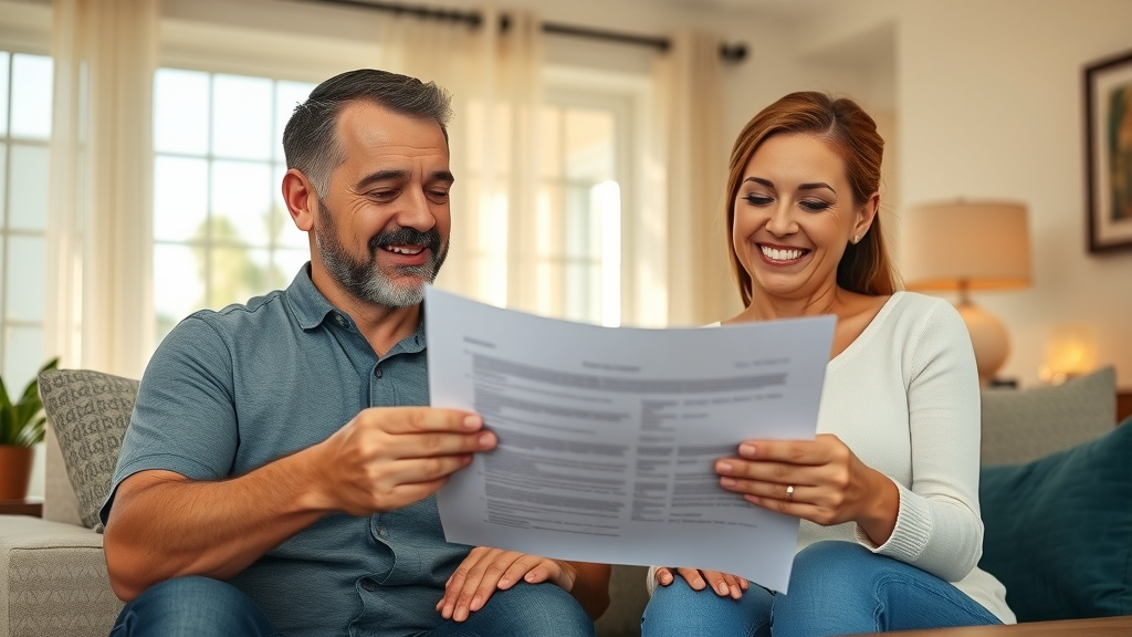 Orlando couple reviewing an easy cash offer contract from a home selling company, smiling and relaxed in a sunlit Florida living room.