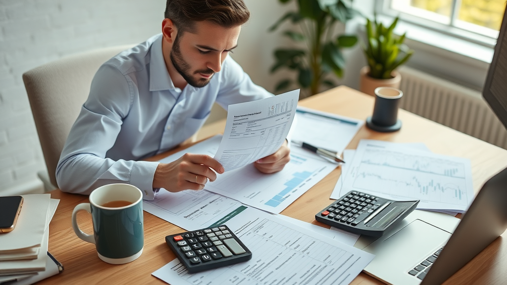 capital gains tax: Tax professional calculating with laptop, paperwork, financial documents in Orlando