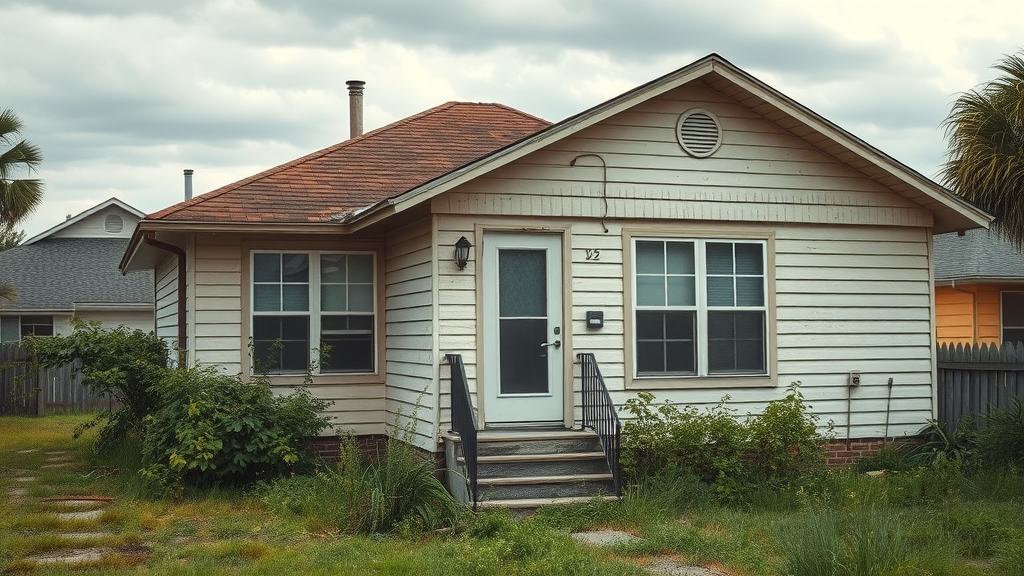 aging Orlando home exterior, visible wear and tear, overgrown yard, faded paint, backdrop of typical Florida neighborhood