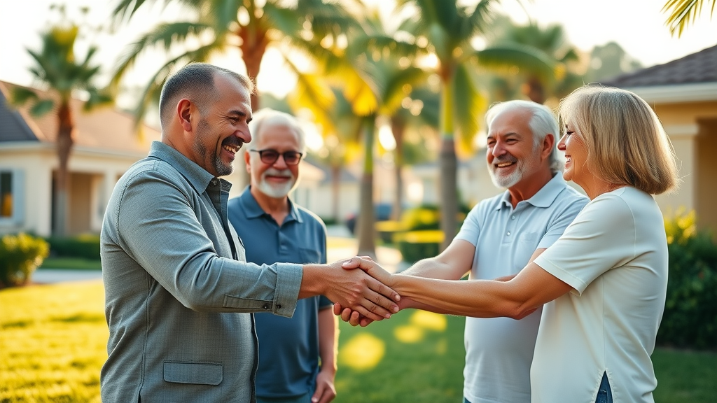 Home selling companies Orlando helping homeowners make fast property agreements in a sunlit Orlando neighborhood with palm trees and real estate investor shaking hands.