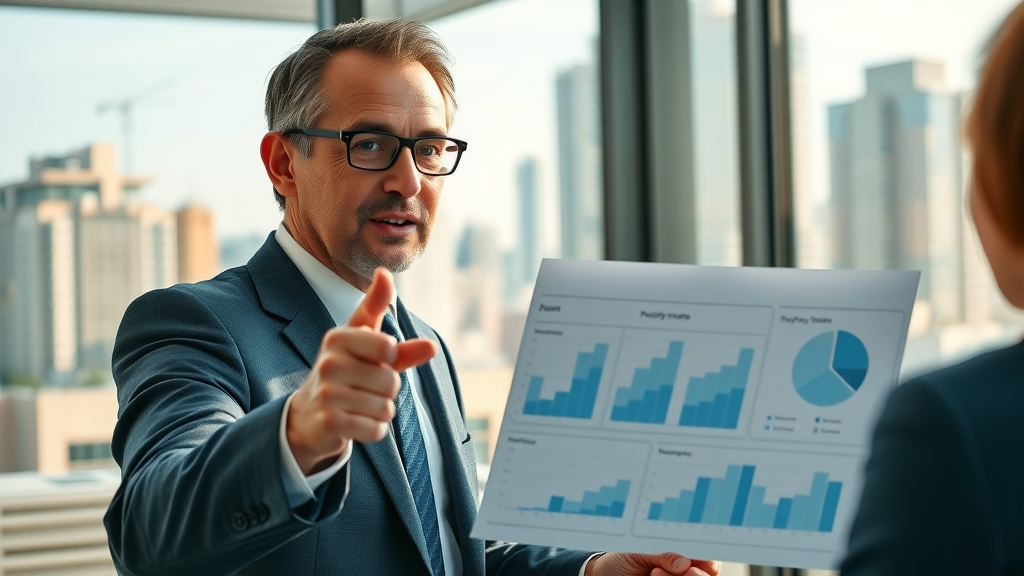 estate consultant presenting property investment analysis estate market value real estate consulting modern boardroom cityscape