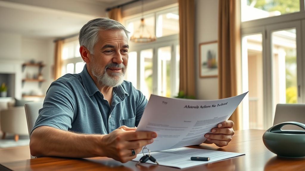 Motivated Orlando homeowner at dining table reviewing house sale offers with confidence, sunlit Florida home interior