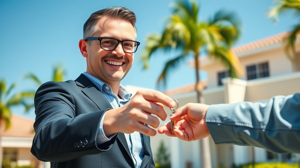 confident Orlando real estate agent giving keys to new cash buyer for tenant-occupied house