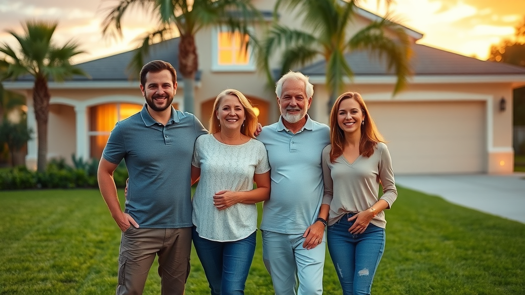 A relieved homeowner family stands happy in front of their Orlando home at sunset. Main keyword: stop foreclosure Orlando FL.