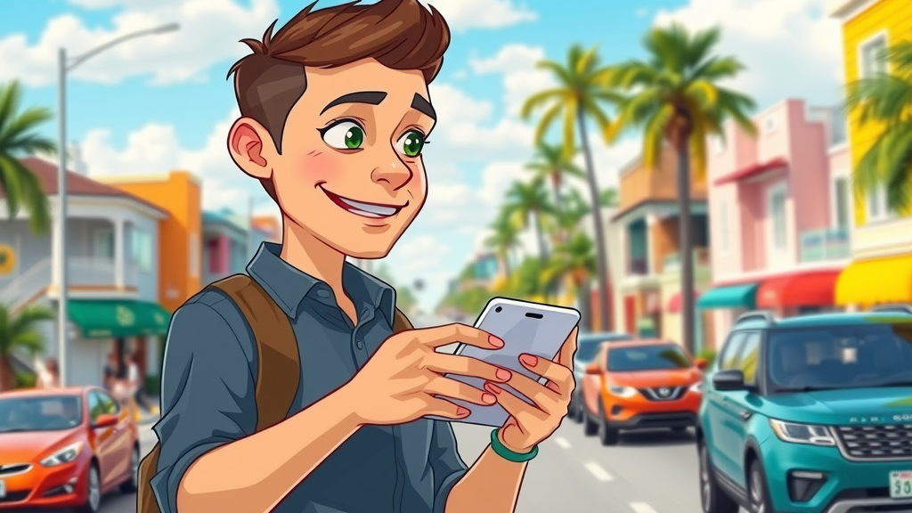 Professional investor researching property opportunities in Orlando on smartphone, colorful streetscape