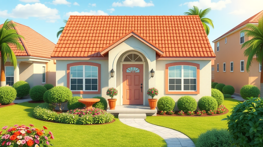 Attractive Orlando house with strong curb appeal being spruced up by a happy seller, cartoon style, lush garden