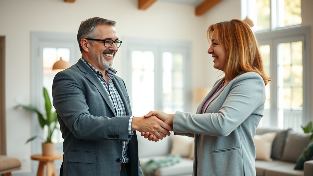 Professional real estate agent shaking hands with homeowner for property selling support