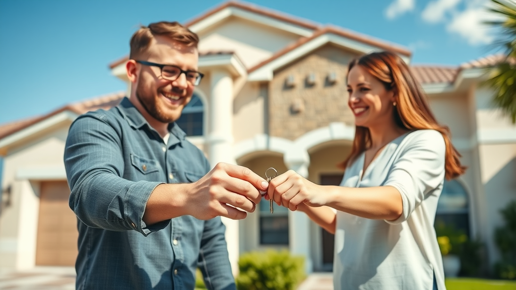 cash buyer: Happy Orlando family exchanging house keys with a cash buyer, smiling, modern home