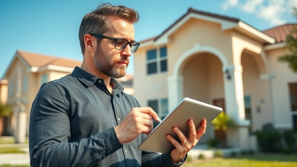 cash home buyer evaluating an Orlando property, digital tablet inspection, sunny well-kept neighborhood