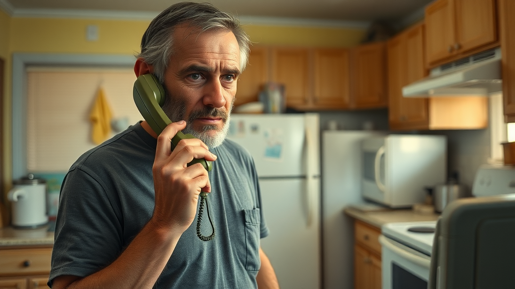 Determined homeowner dialing a phone in a cluttered, slightly rundown Orlando kitchen