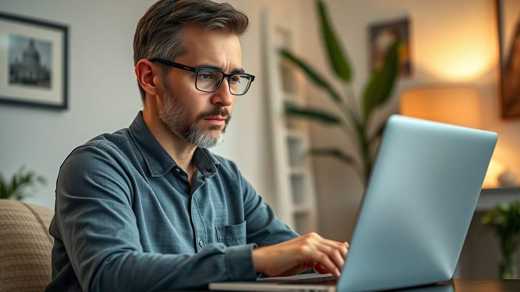 orlando homeowner researching cash home buyers on laptop for orlando quick home sale in stylish home office