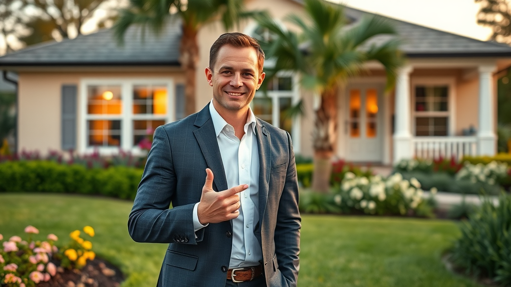 real estate agent: Confident agent in front of sold Orlando home, golden hour, blooming yard