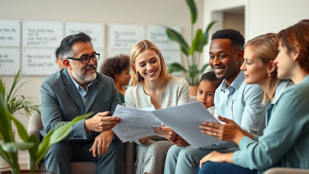 diverse clients discussing personal injury consultation questions at law office with legal assistant