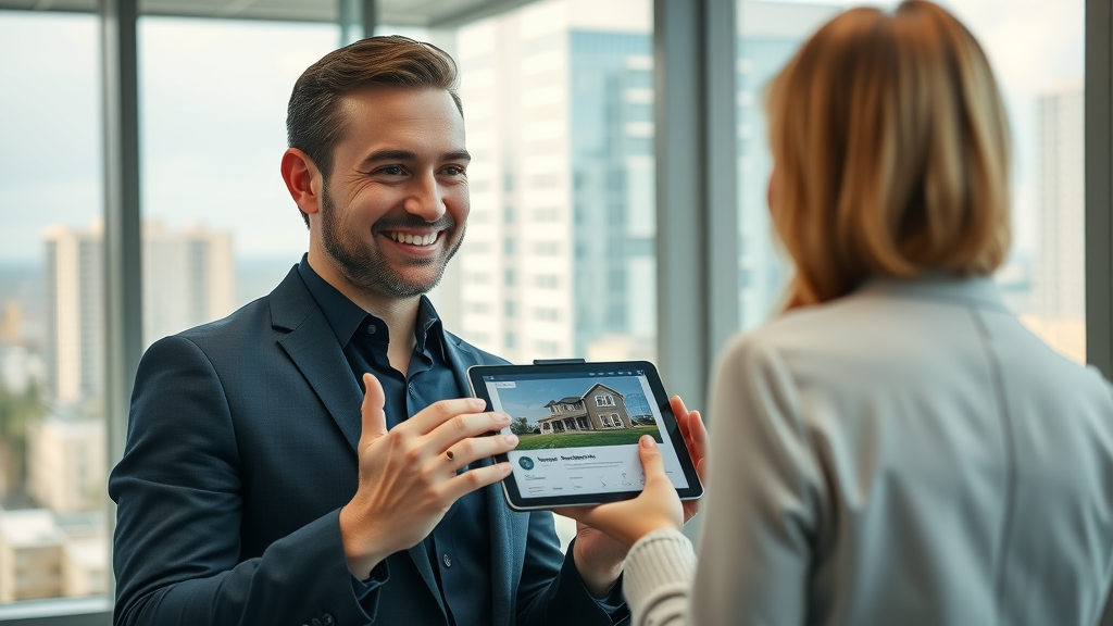 professional Orlando real estate agent showing property listing to client in office
