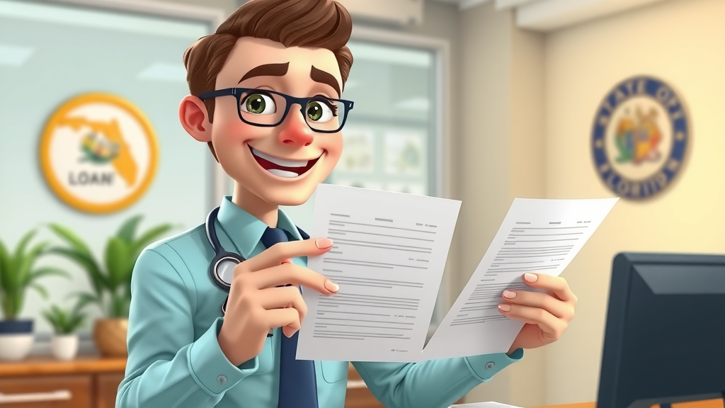 Friendly Orlando loan officer explaining loan modification paperwork, stop foreclosure Orlando, Florida office setting, pastel light