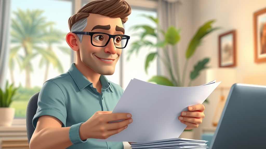 Motivated Florida homeowner sorting documents in home office, quick home sale prep, palm tree window view