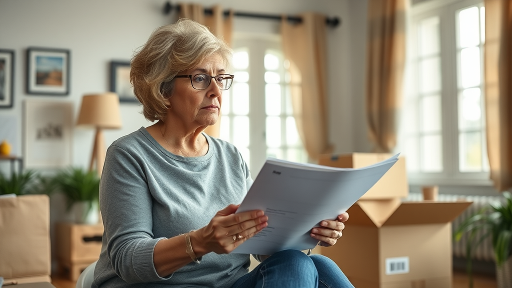 Thoughtful Orlando woman reviewing documents beside moving boxes, looking hopeful about a cash sale—Sell My House Orlando Cash