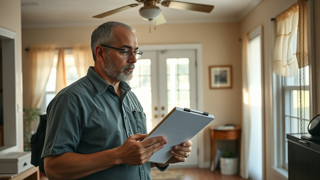 Meticulous Orlando real estate professional evaluating a Florida home for a cash offer, inside a modest property needing repairs—Sell My House Orlando Cash