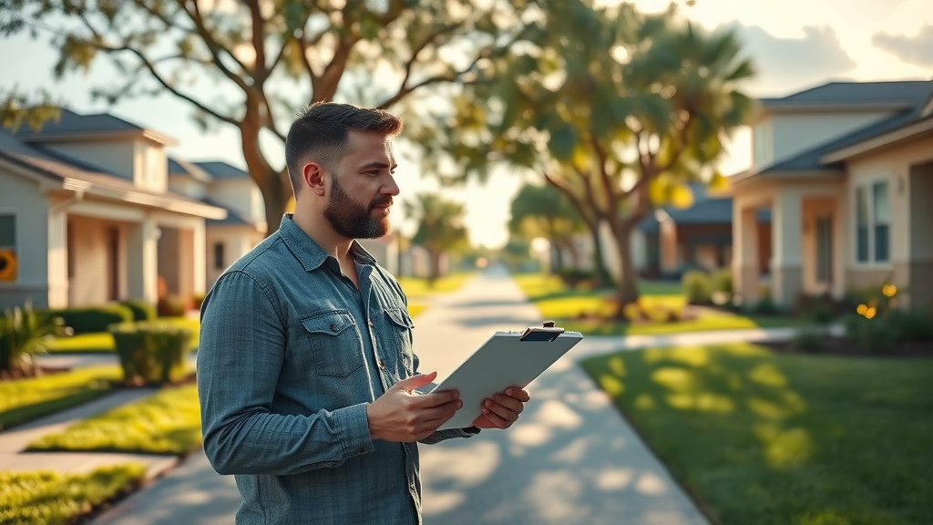 Modern Orlando neighborhood, buyer analyzing inherited house market value Orlando, real estate with clipboard, sunlit street