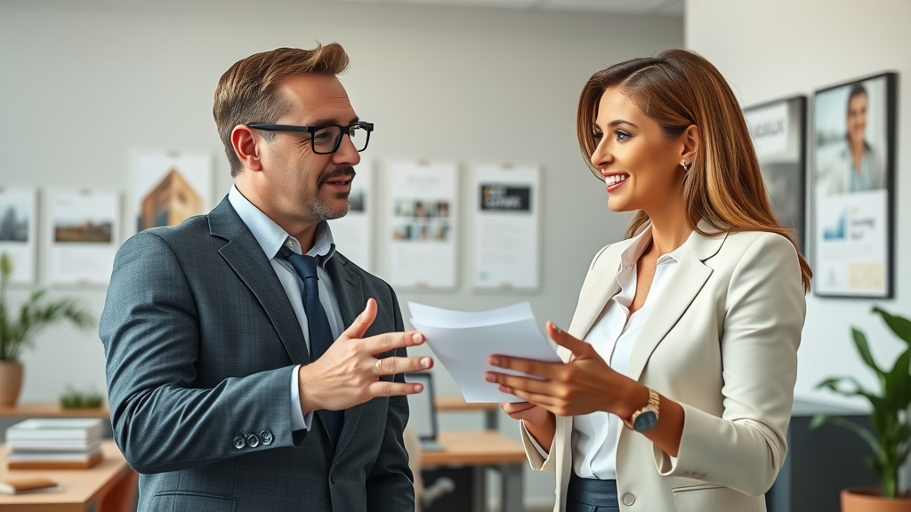 Dynamic real estate consultation scene showing a professional real estate agent and client discussing a home selling strategy with real estate marketing materials. schedule real estate advice in a modern upscale office.