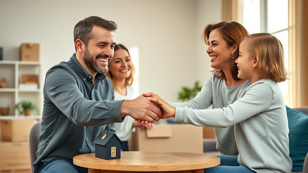 Family handing over keys after selling inherited property in Orlando