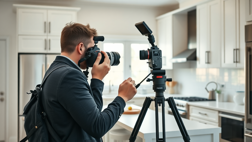 Professional real estate photographer taking pictures of modern kitchen - online presence for home sellers