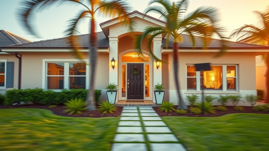 vibrant modern Orlando home exterior showcasing orlando quick home sale, welcoming atmosphere, lush lawns and palm trees in a suburban neighborhood, morning light