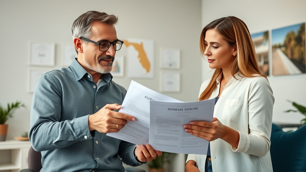 Orlando real estate expert consulting with couple about fast home sale, Florida decor