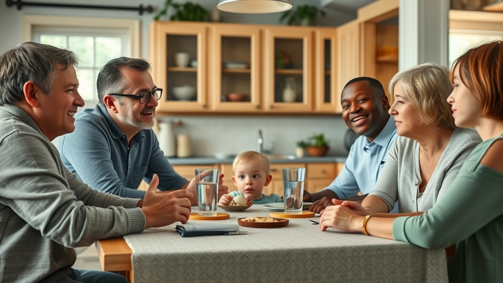 multiple heirs: Diverse family group in earnest Orlando discussion around kitchen table