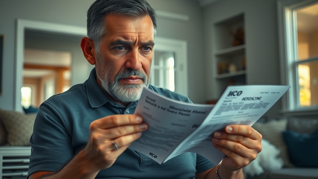 Troubled Orlando homeowner stressed by medical bills and legal notices, avoid foreclosure, financial struggles in a modern home