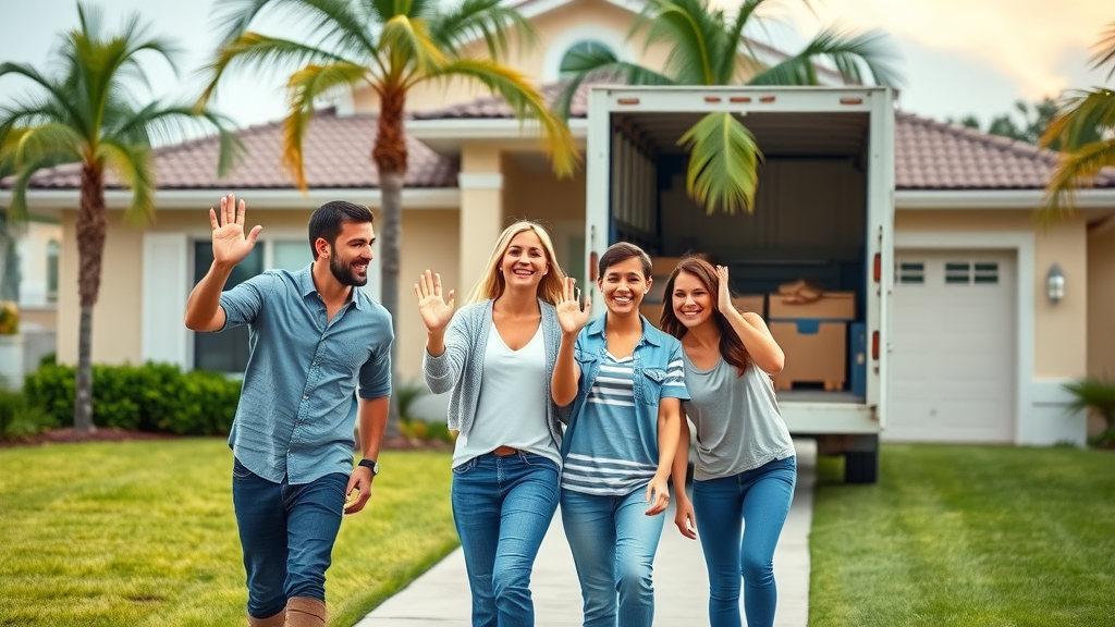 Happy family celebrating a fast Orlando home sale in front of a sold single-family house, lush palm landscaping