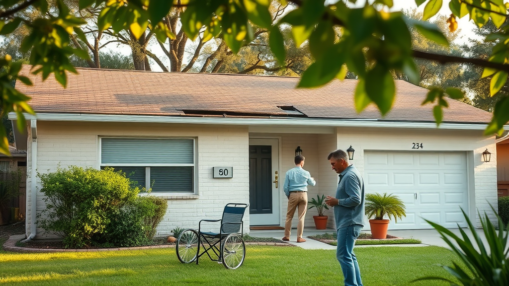 Orlando mid-century home exterior showing roof repair needs and worried homeowner examining problem area in a lush suburban neighborhood.