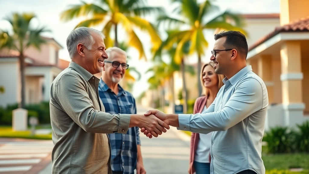 Orlando property investors completing a home sale in a sunny suburban Orlando neighborhood, palm trees, homeowners and investor shaking hands