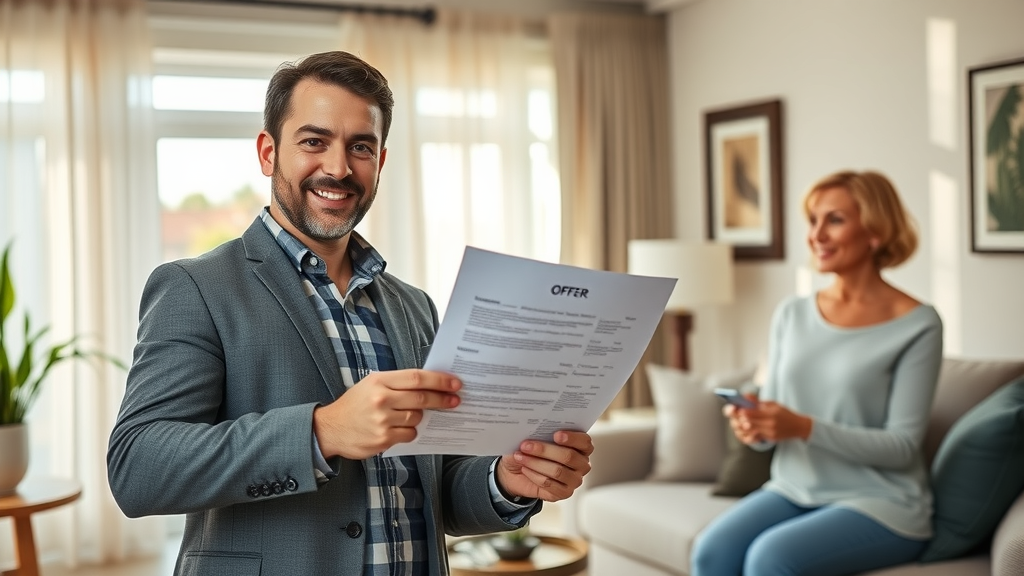 Confident Orlando real estate buyer presenting a purchase offer to relaxed homeowners in a sunny, stylish living room.