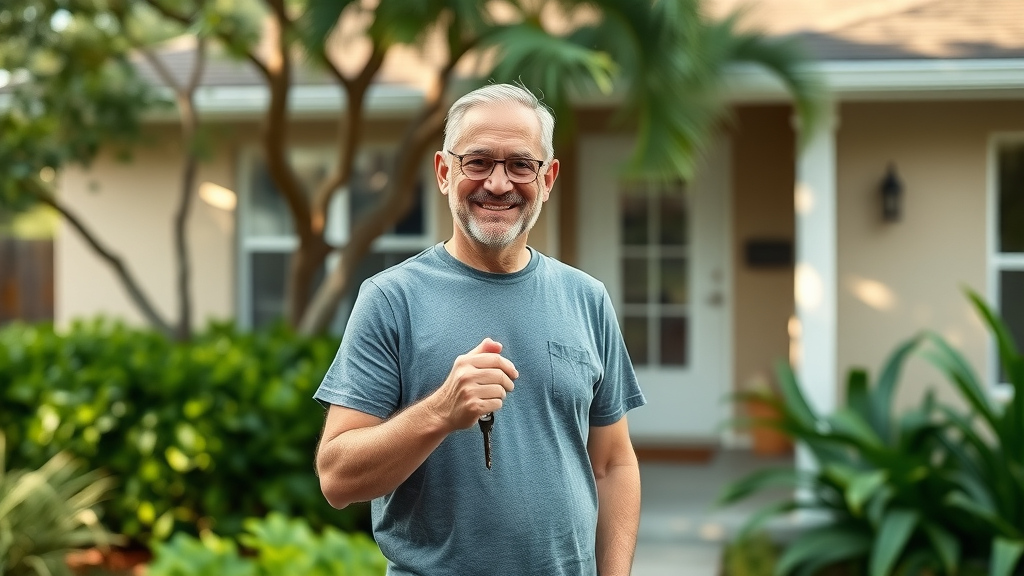 content Orlando homeowner holding key outside sold home
