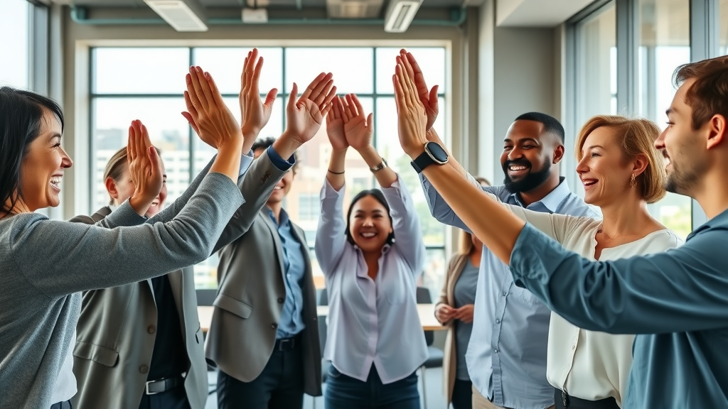 diverse happy group of orlando home sellers celebrating fast in orlando sale in modern real estate office