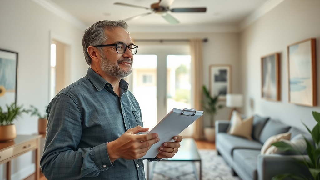 Real estate agent conducting a quick walkthrough in a modern Orlando home, part of the fast cash offer process offered by home selling companies Orlando.
