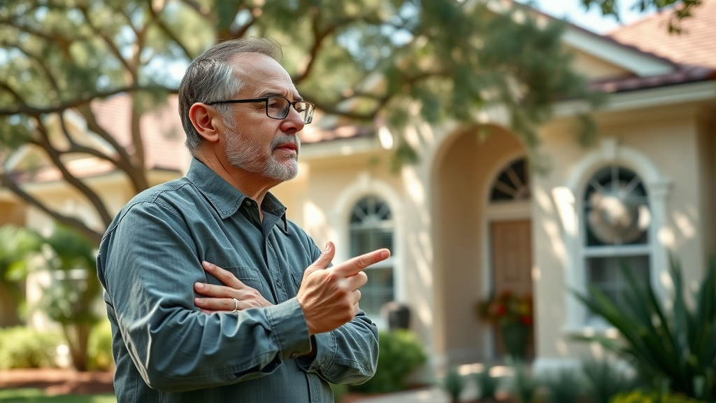 Orlando appraiser inspecting inherited home exterior and landscaping for market value assessment