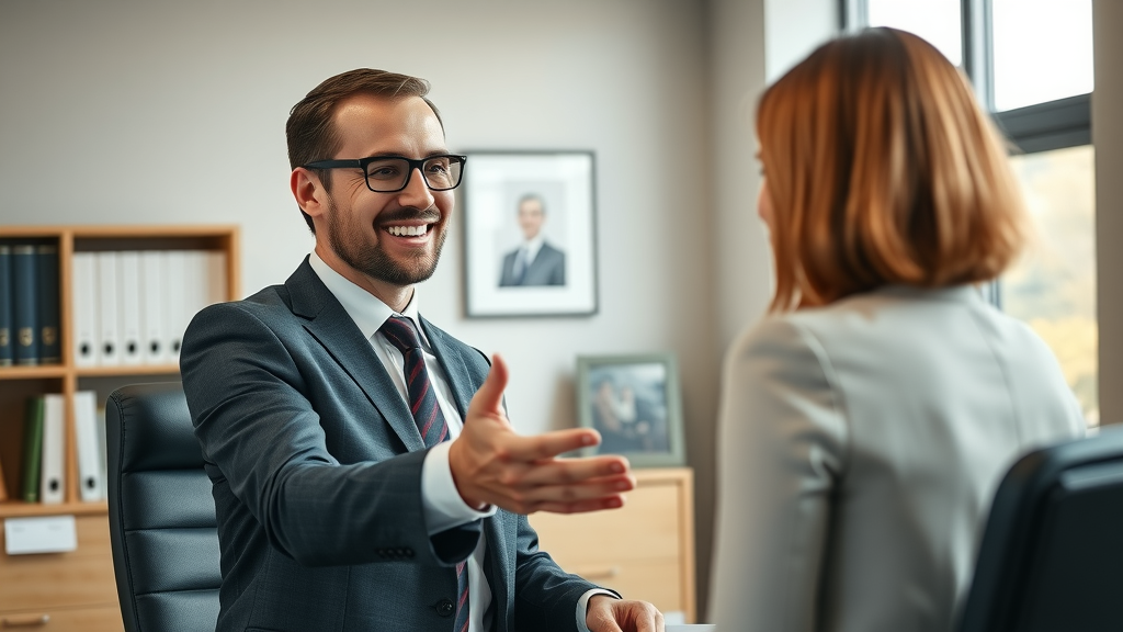 no-obligation consultation in a welcoming law office, friendly legal professional greeting a client, modern office, legal books, natural morning light
