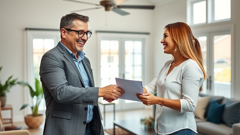 Confident Orlando real estate agent shaking hands with happy home sellers closing fast for a cash offer