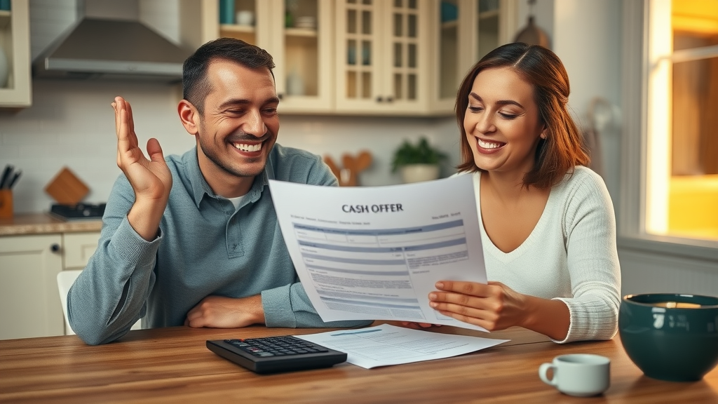 Smiling couple relieved at kitchen table reviewing a cash offer document, home wear &amp; tear in background