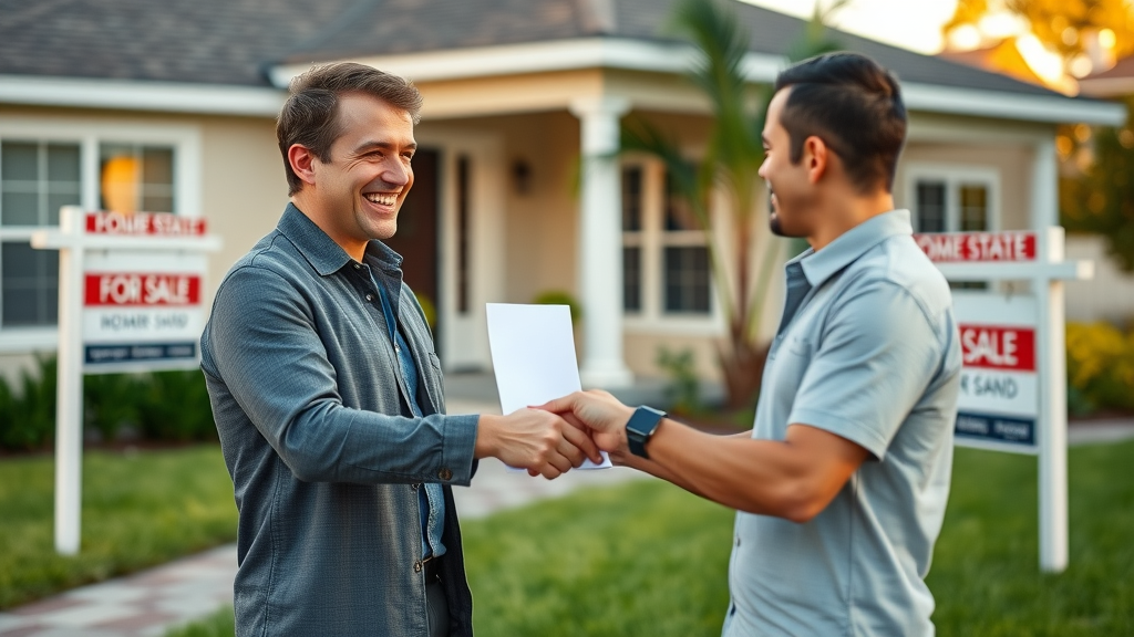 real estate cash buyer shaking hands with home seller in Orlando, for sale sign and handover of keys