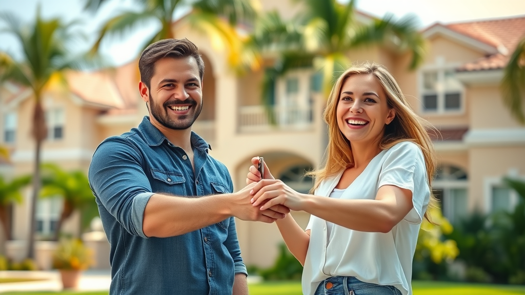 Energetic couple in front of Orlando-style suburban home, smiling and holding keys after accepting a cash offer—Sell My House Orlando Cash