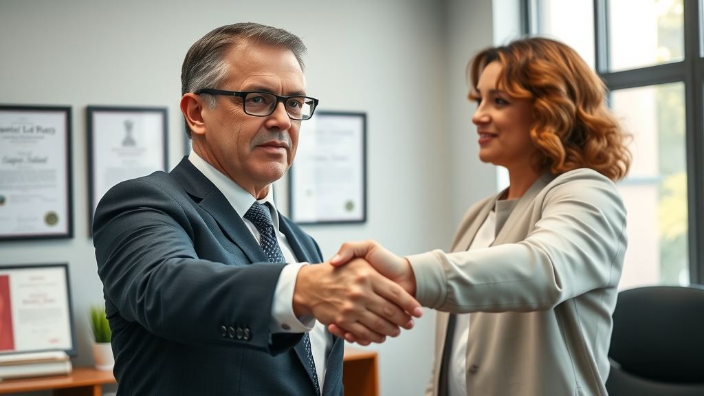 A confident foreclosure defense attorney shakes hands with a grateful Orlando homeowner in a modern law office. Main keyword: foreclosure defense attorney Orlando FL.