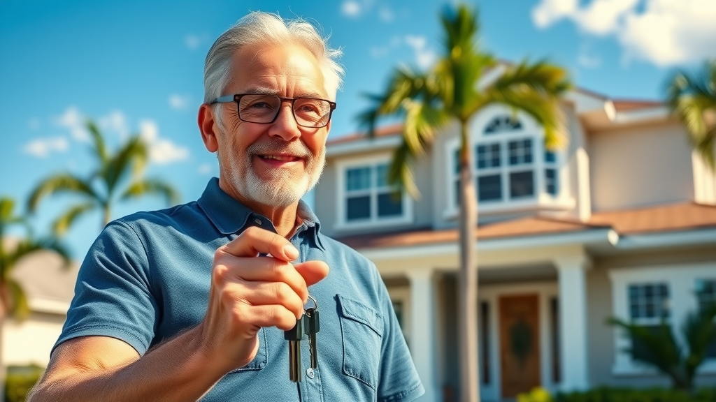 Satisfied Orlando homeowner holding keys outside a renovated house, blue sky with Florida palm trees