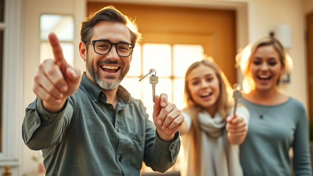 Motivated real estate seller celebrates a successful home sale with family while holding a house key; success from following a real estate schedule.