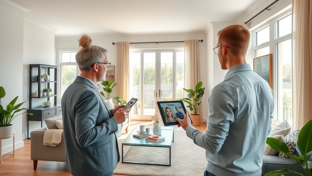 Beautifully staged living room with real estate agent doing a virtual tour - staging and open house