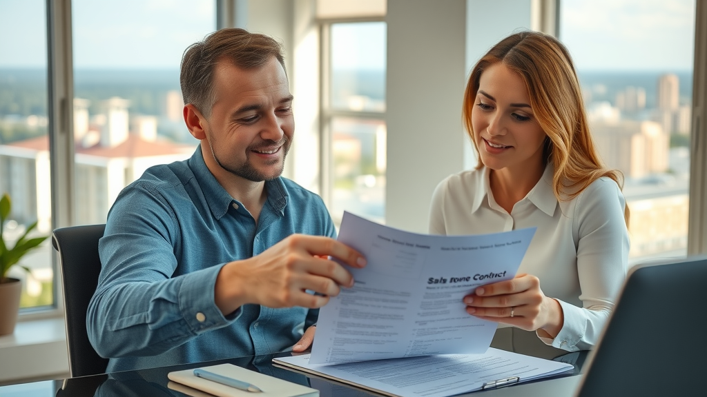 cash home buyer in Orlando reviewing documents with a homeowner: fair cash offer process, Orlando cityscape view